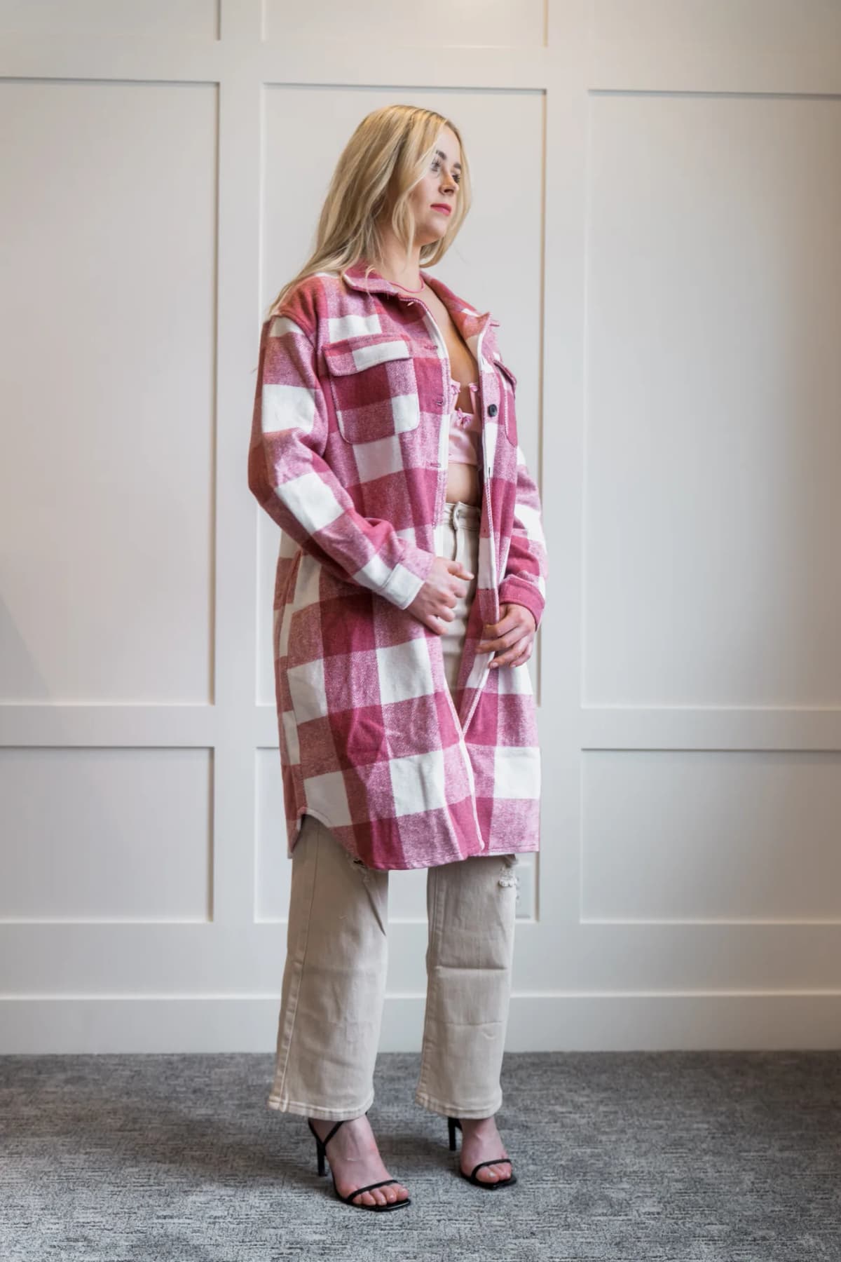 Plaid Flap Pocket Long Shacket by La Miel