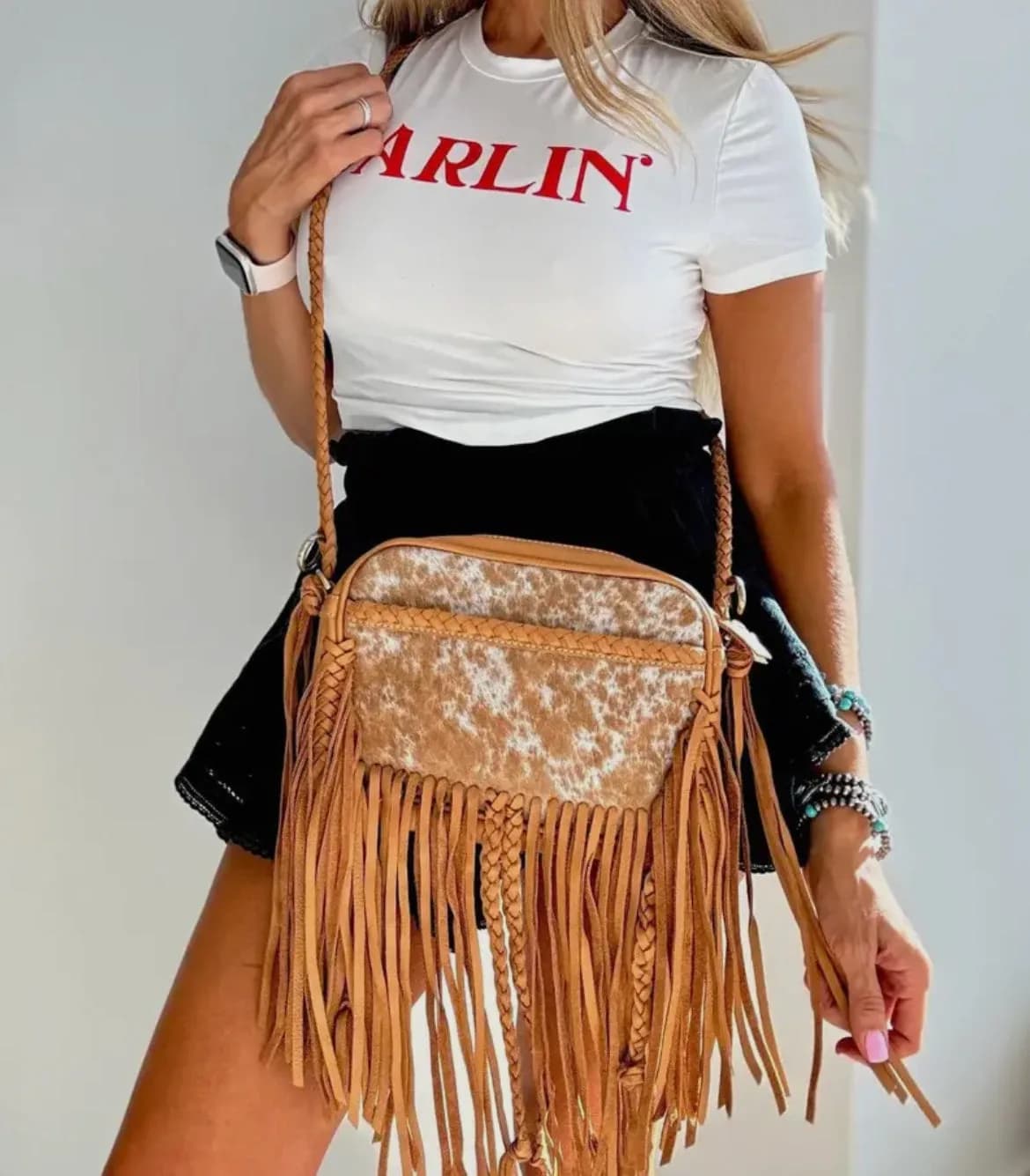 The Megan Crossbody Cowhide Western Fringe Tooled Leather Purse by Boho Ranch