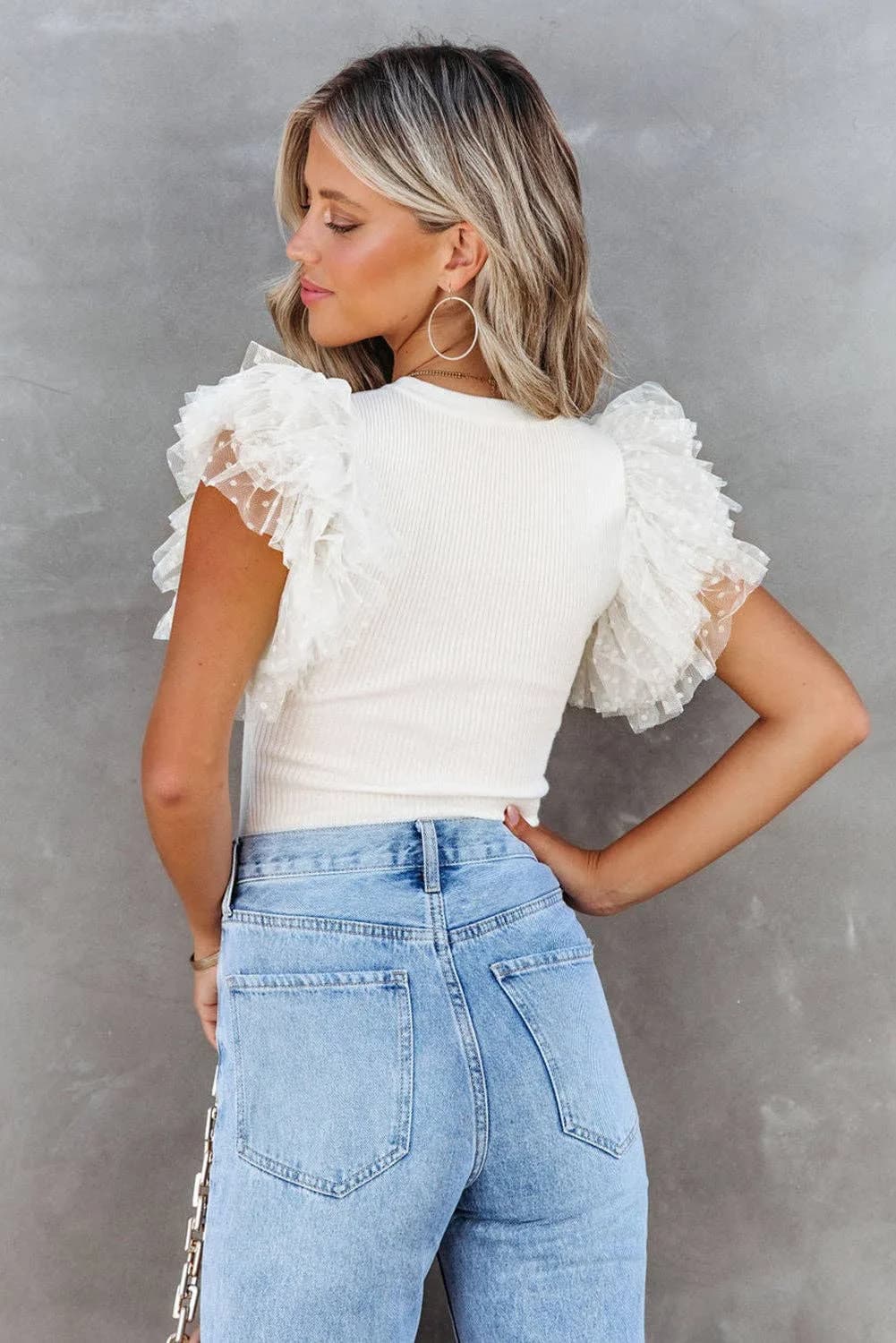 Dotty Mesh Ruffle Sleeve Ribbed Knit Top Full Time Purchase (Pink)