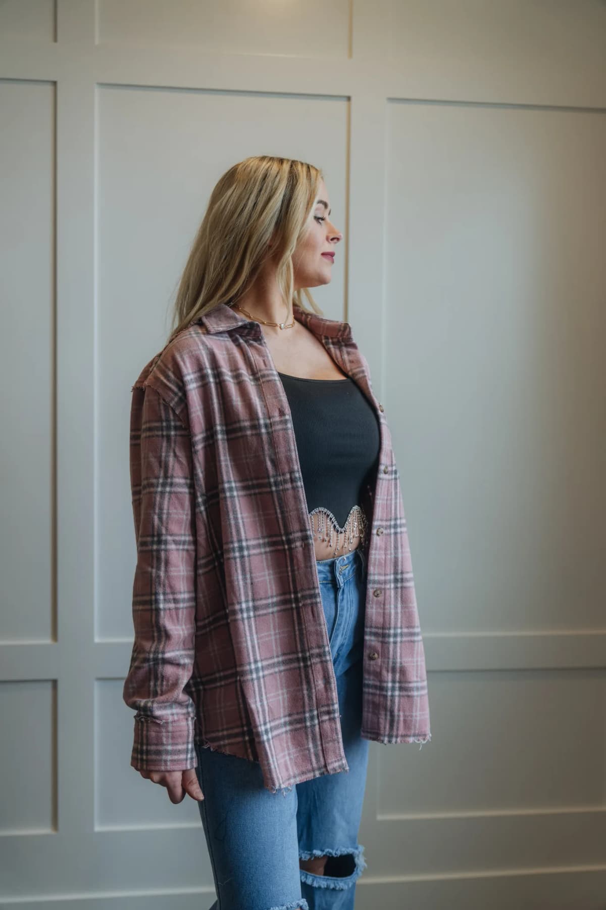 Button Down Fall Winter Plaid Shacket La Miel (Pink)