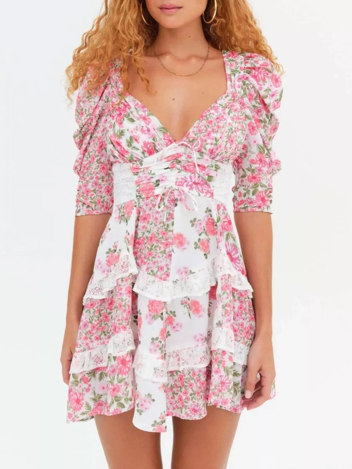 Ruffled Floral Print Half Sleeve Dress