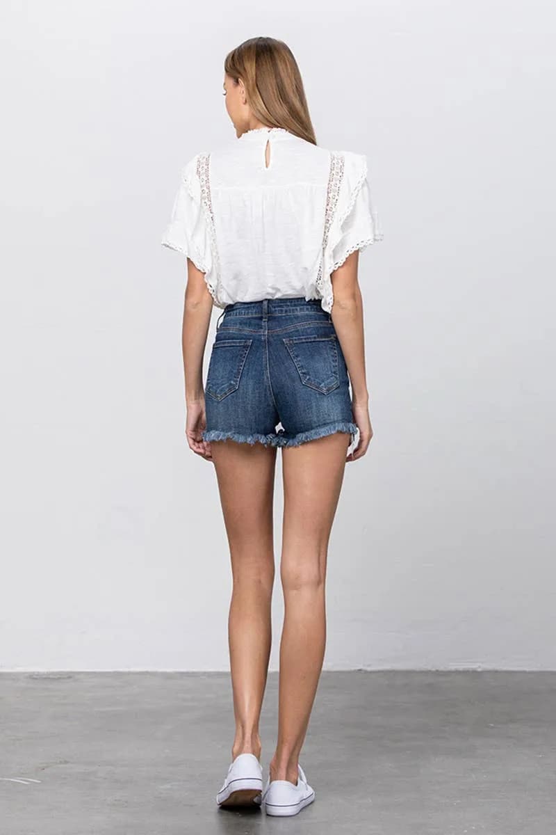 High Rise Stretch Frayed Hem Lace Line Trim Denim Shorts