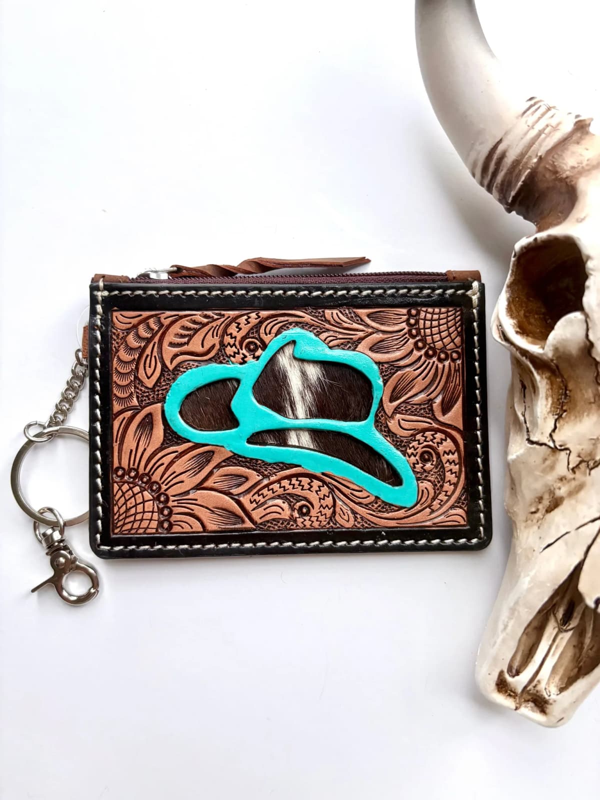Bow Turquoise Tooled Leather Keychain Wallet