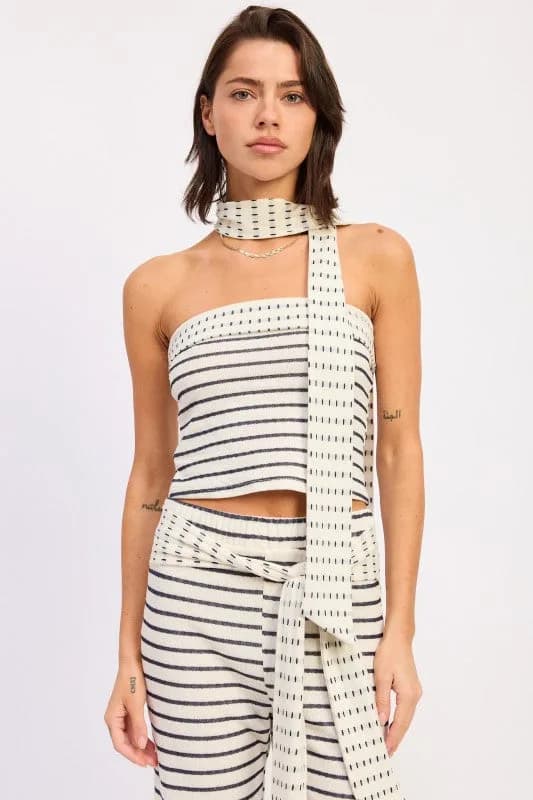 CONTRASTED DOUBLE JACQUARD TUBE TOP WITH SCARF