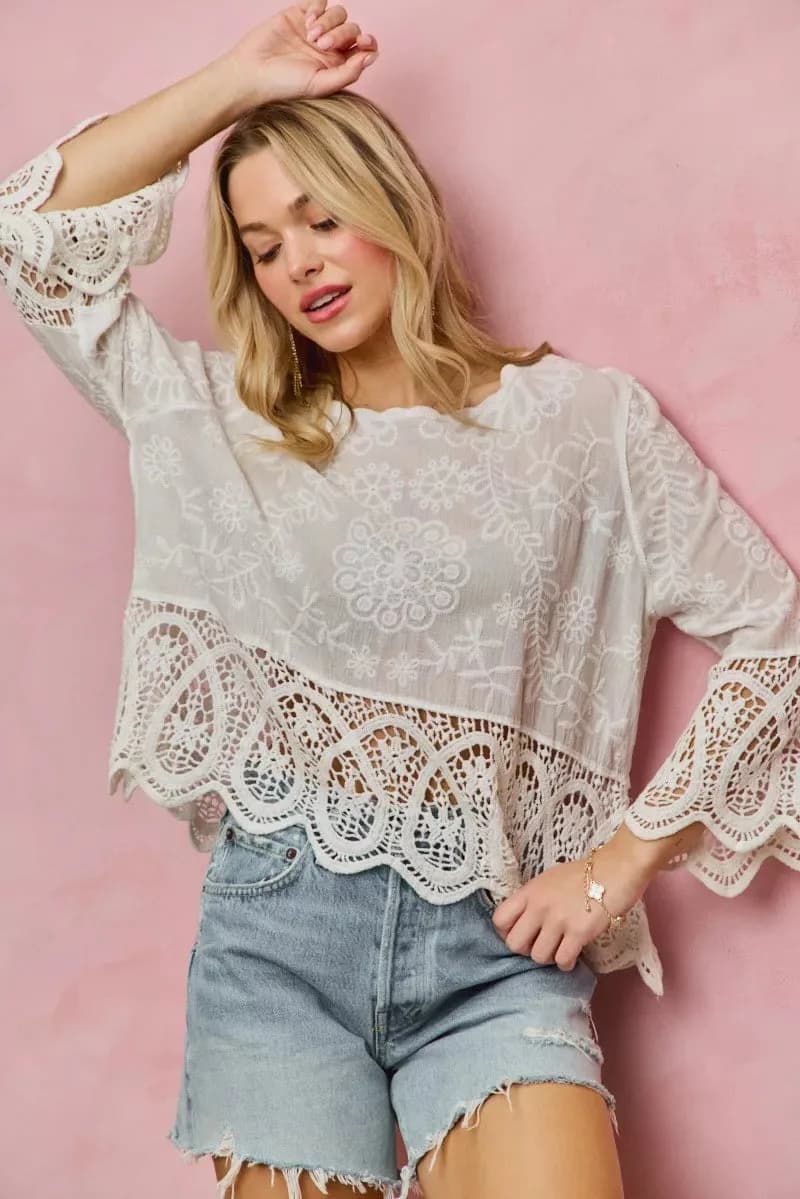 SO ME Floral Embroidered Crochet Lace Trimmed Top