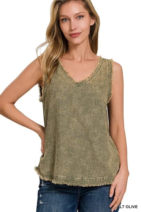 Washed Linen Frayed Edge Vneck Sleeveless Top Zenana