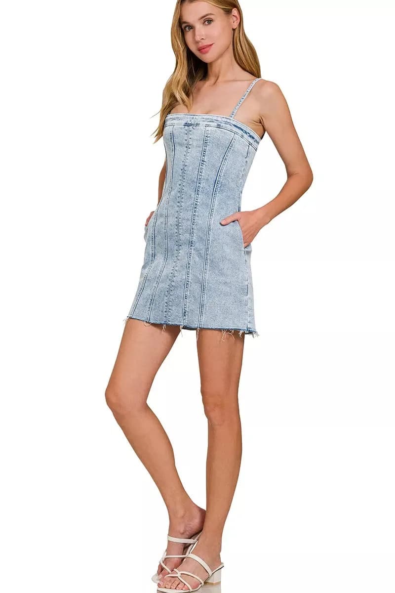 Zenana Spaghetti Strap Exposed Seam Light-Wash Dress