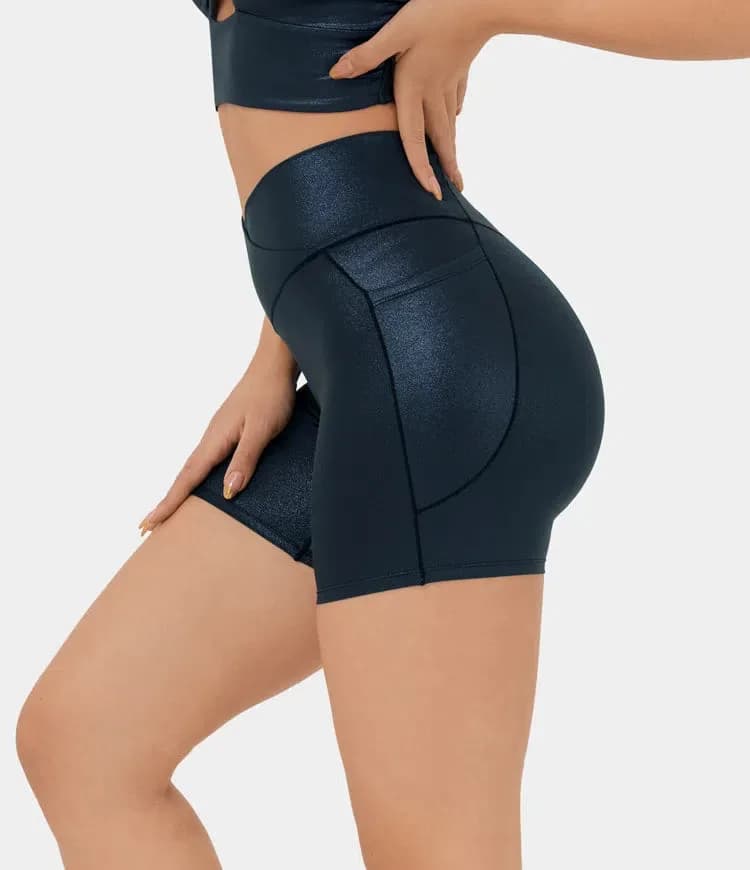 Faux Leather High Waisted Stretchy Casual Biker Shorts by Halara (Dk Blue)