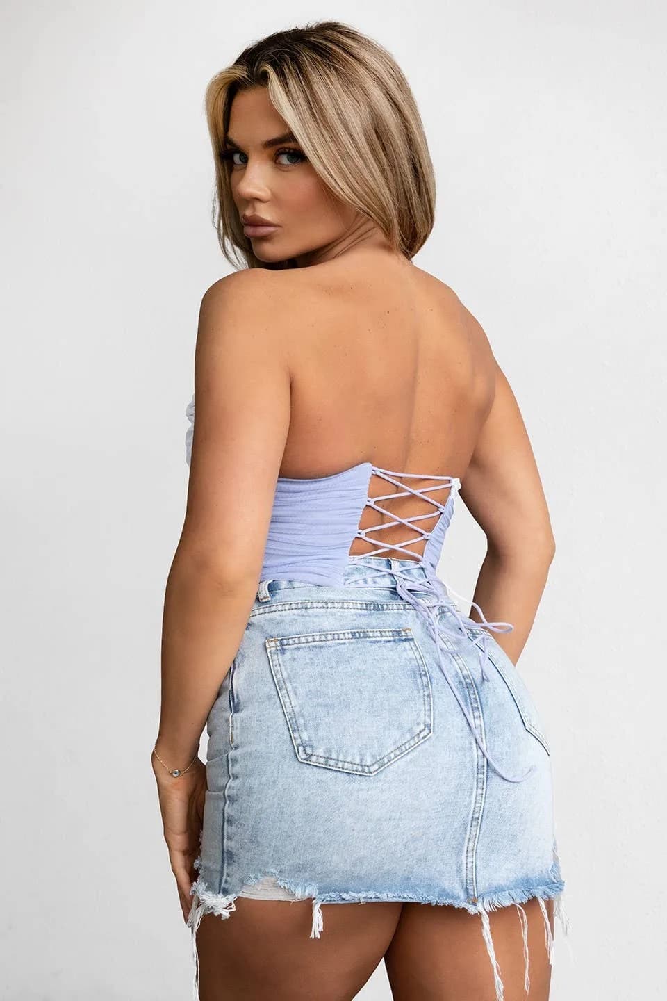Mesh Corset Top Adjustable Lace Up Tie At Back Tictoc (Lavender)