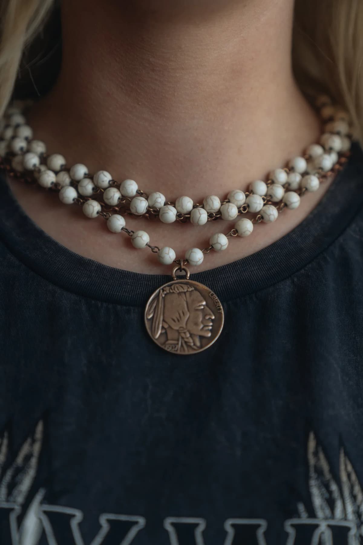 White Turquoise Copper Collar Length Necklace with Coin by Jewelry Junkie