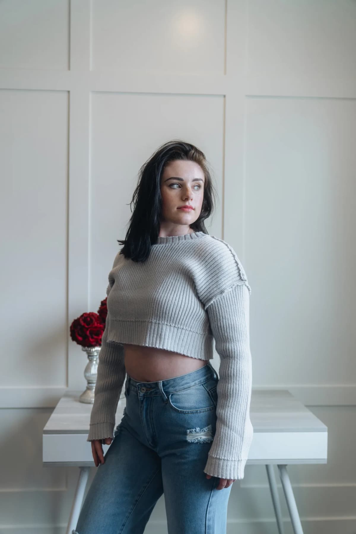 Long Sleeve Crop Top Sweater Gray