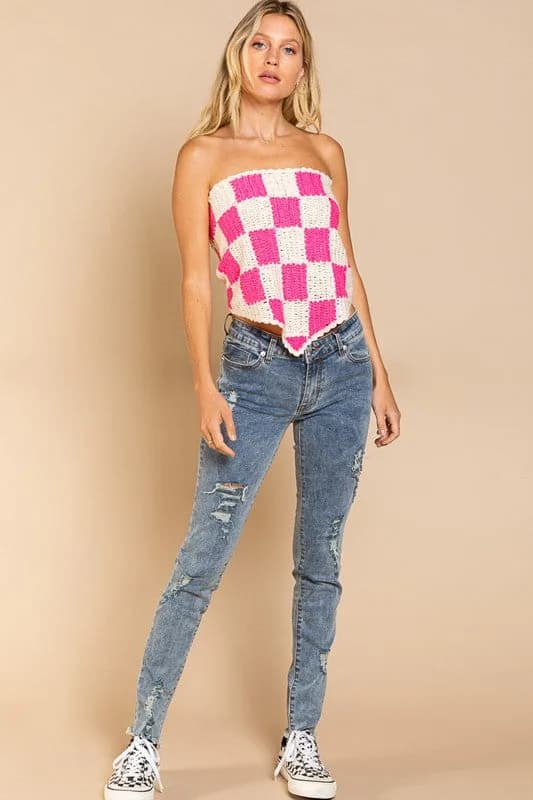 Checkerboard Pattern Tube Top Sweater Multiple Colors