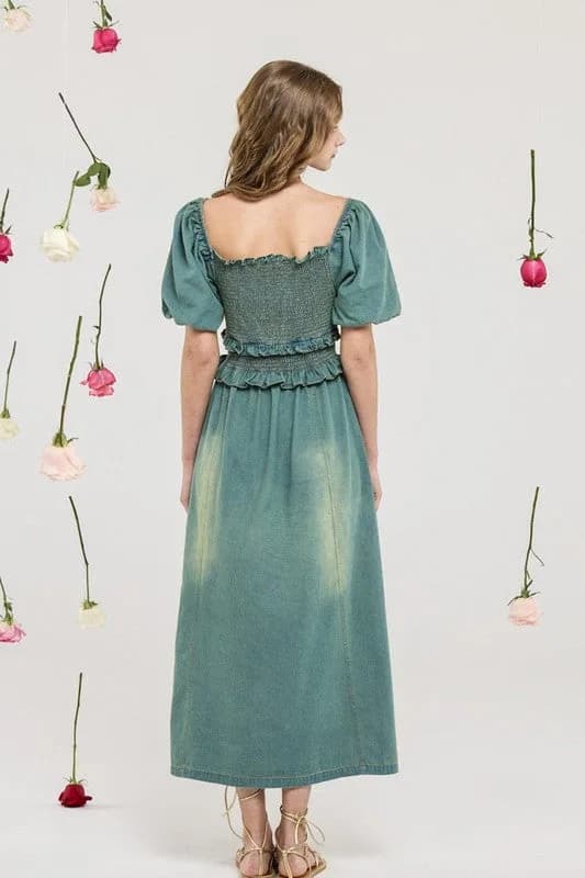 Denim Off Shoulder Puff Sleeves Smocked Dress