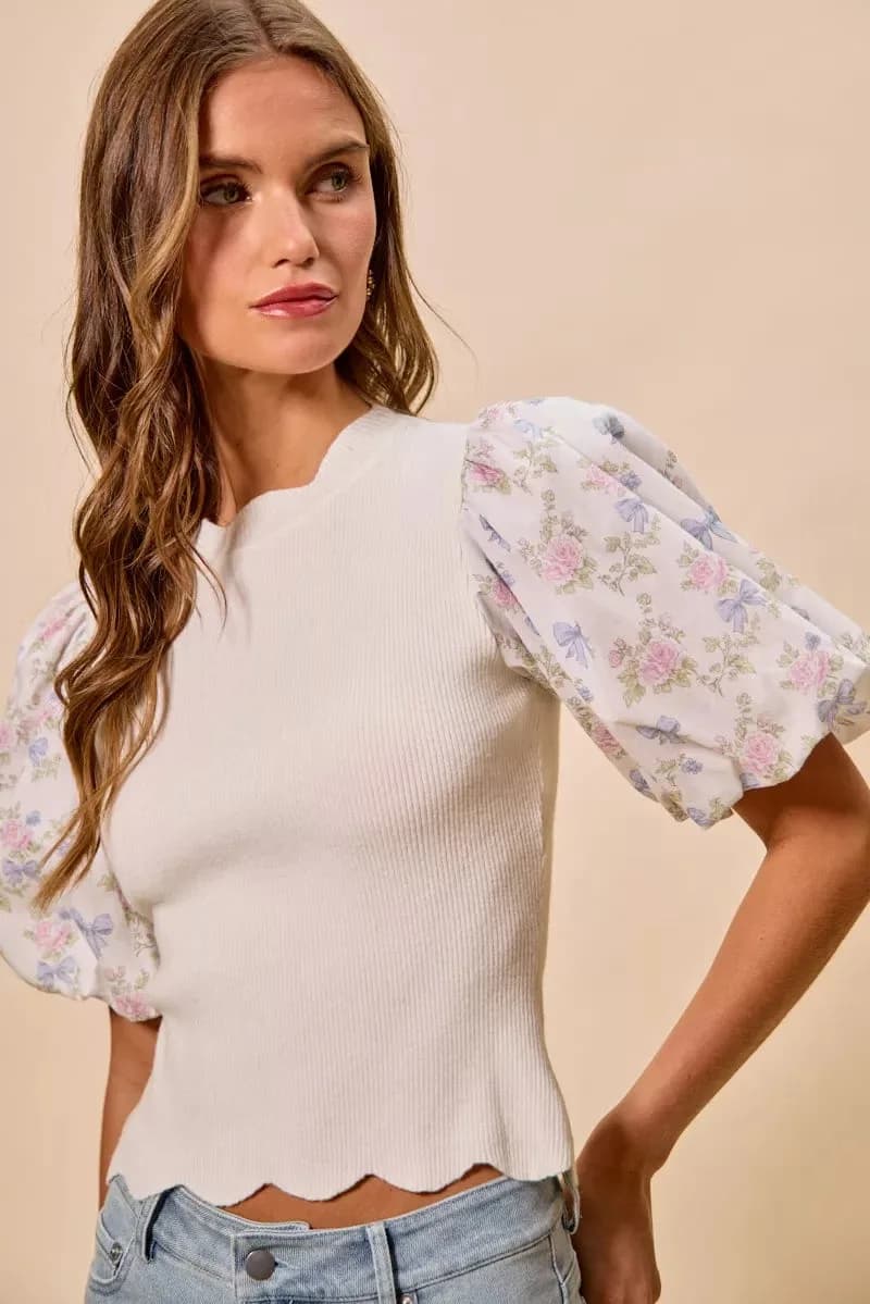 SO ME Floral Cotton Contrast Sleeves Scallop Sweater Top