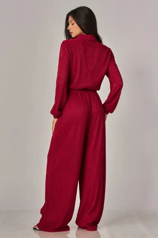 Crinkled Plisse Button Up Casual Jumpsuit