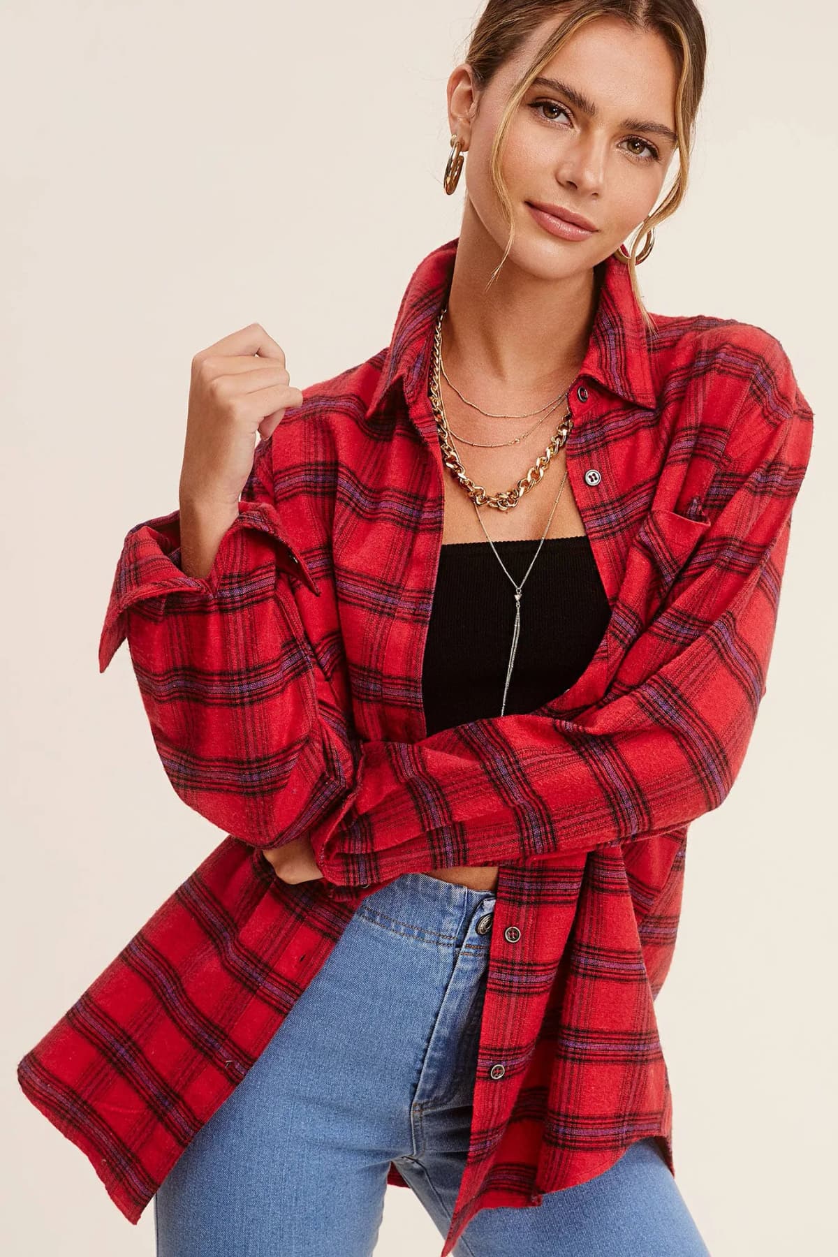 Loose Fit Button Down Soft Fabric Plaid Shirts