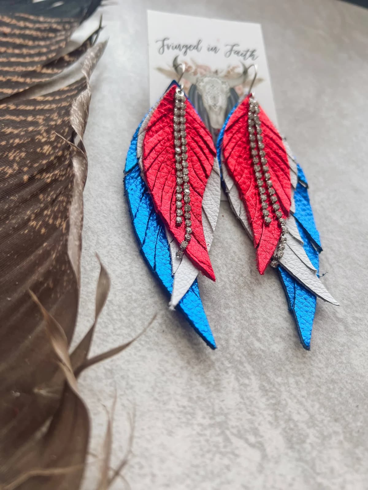 Patriotic Fringe Feather Earrings