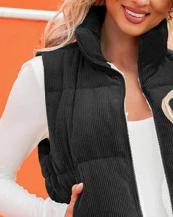 Corduroy Stand Collar Cropped Shoulder Vest Hiddenbrand (Black)