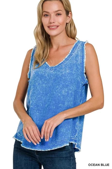 Washed Linen Frayed Edge Vneck Sleeveless Top Zenana