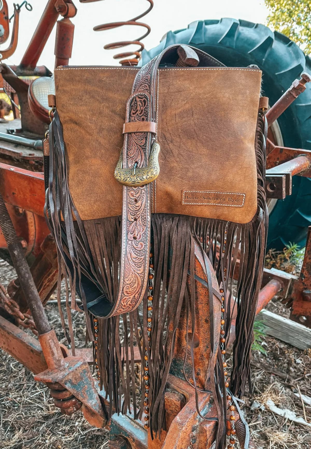 The Lancaster Cowhide Leather Tooled Fringe Purse by Haute Southern Hyde