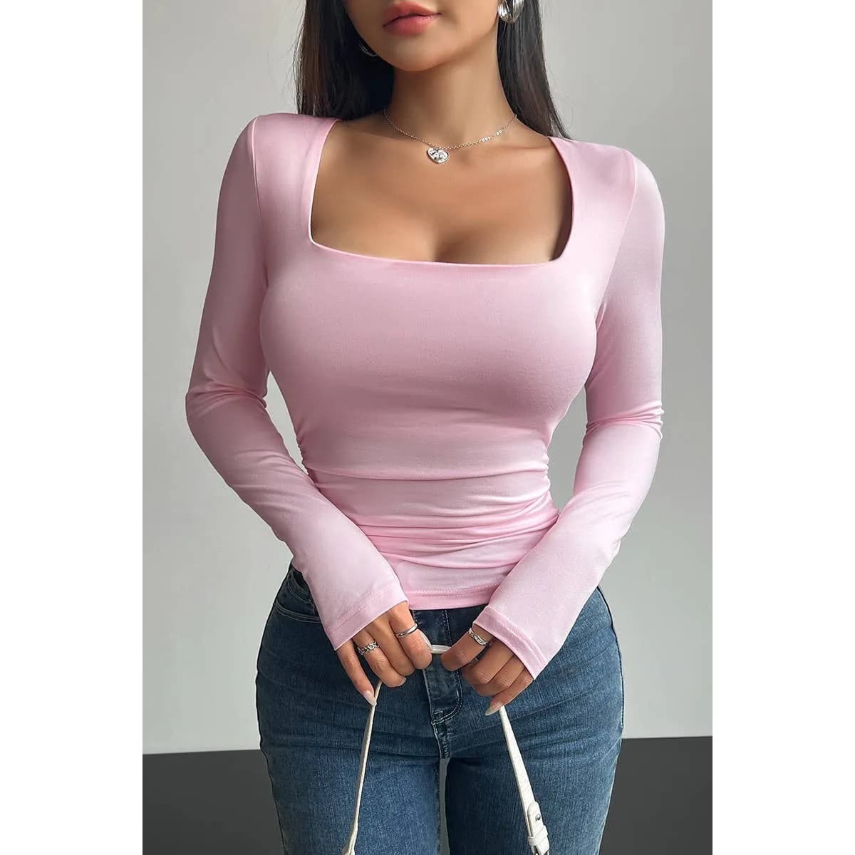 Solid Square Neck Elastic Long Sleeves Shirt