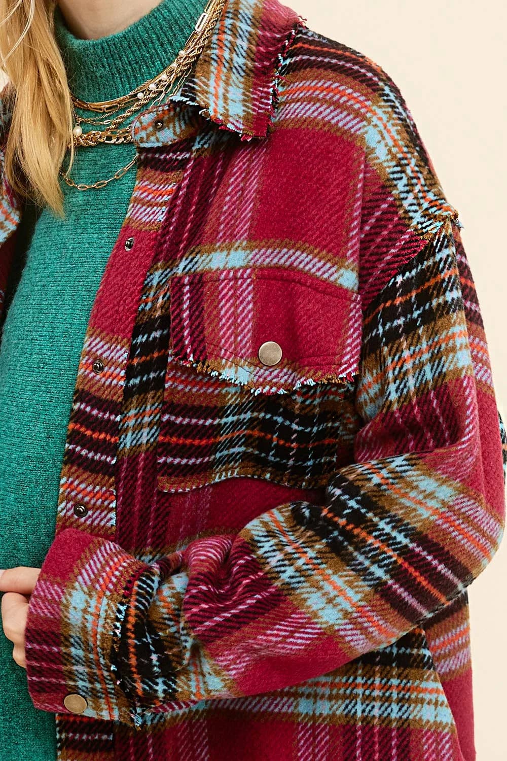 Loose Fit Plaid Button Down Shacket with Pockets