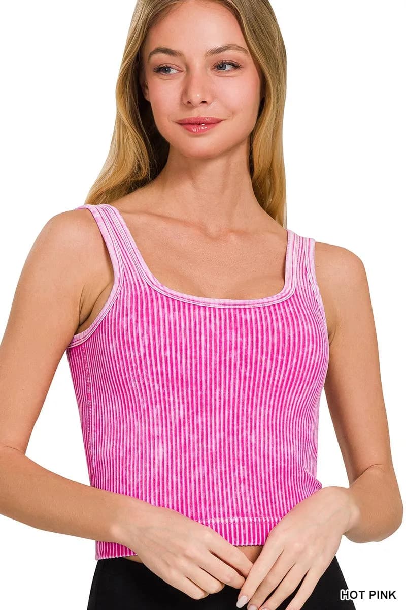 Stone Washed Ribbed Square Neck Tank Crop Top Zenana