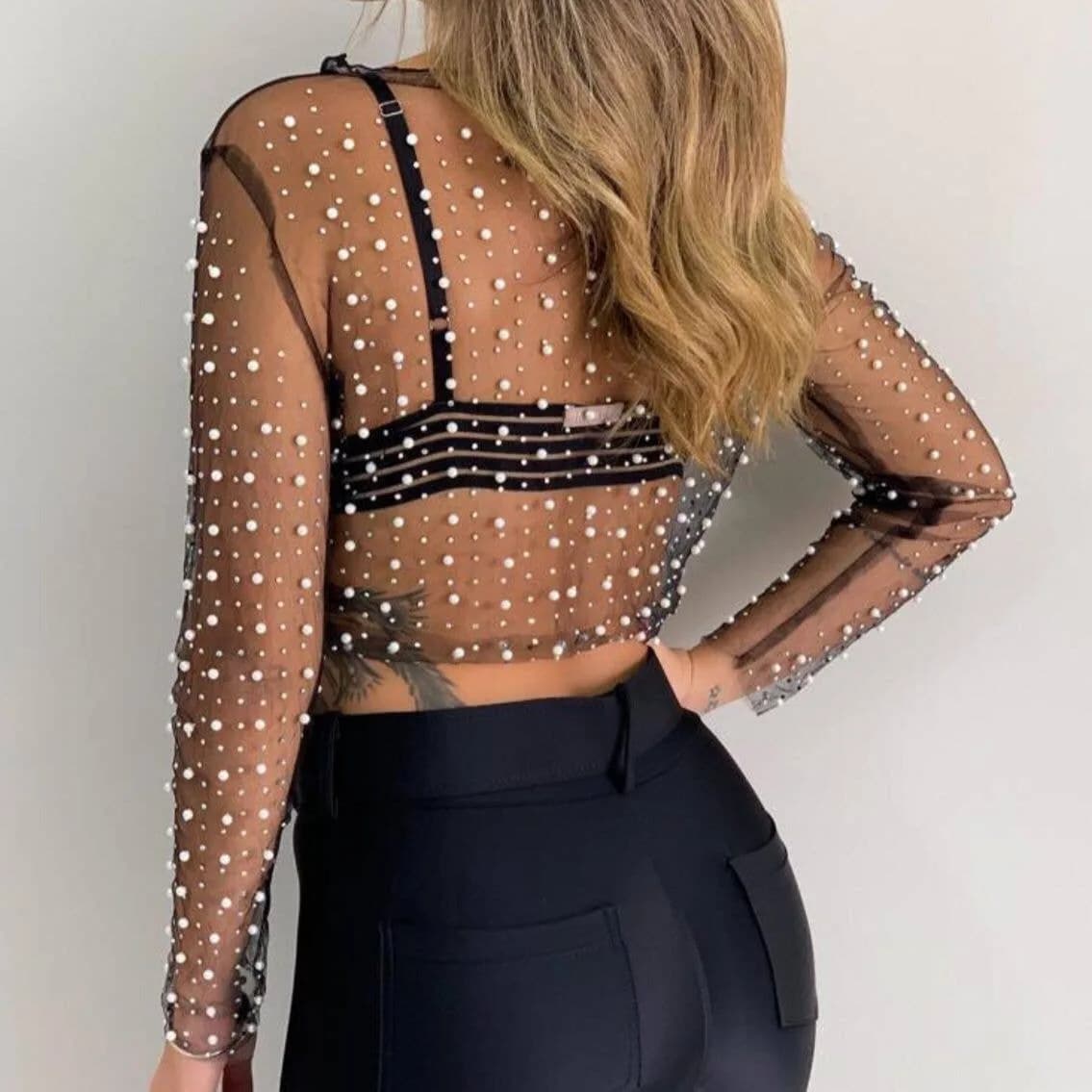 Pearl Rhinestone Studded Sheer Mesh See Through Top