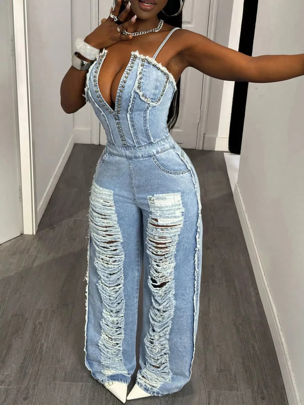 Distressed Spaghetti Strap Wide-Leg Denim Jumpsuit
