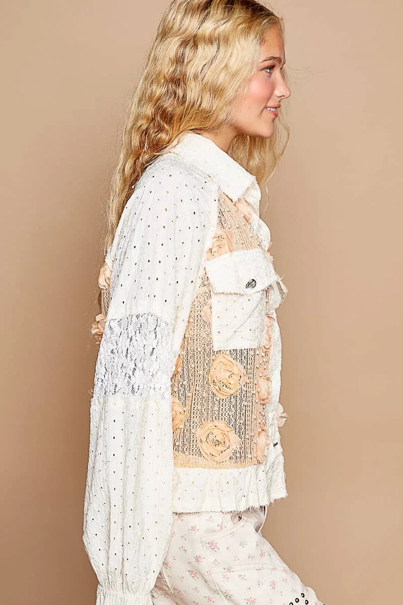 Long Sleeve Flower Pearl Detail Button Down Shirt Top by POL