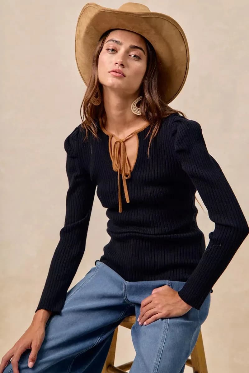 BiBi Ribbed Contrast Front Tied Top with Shried