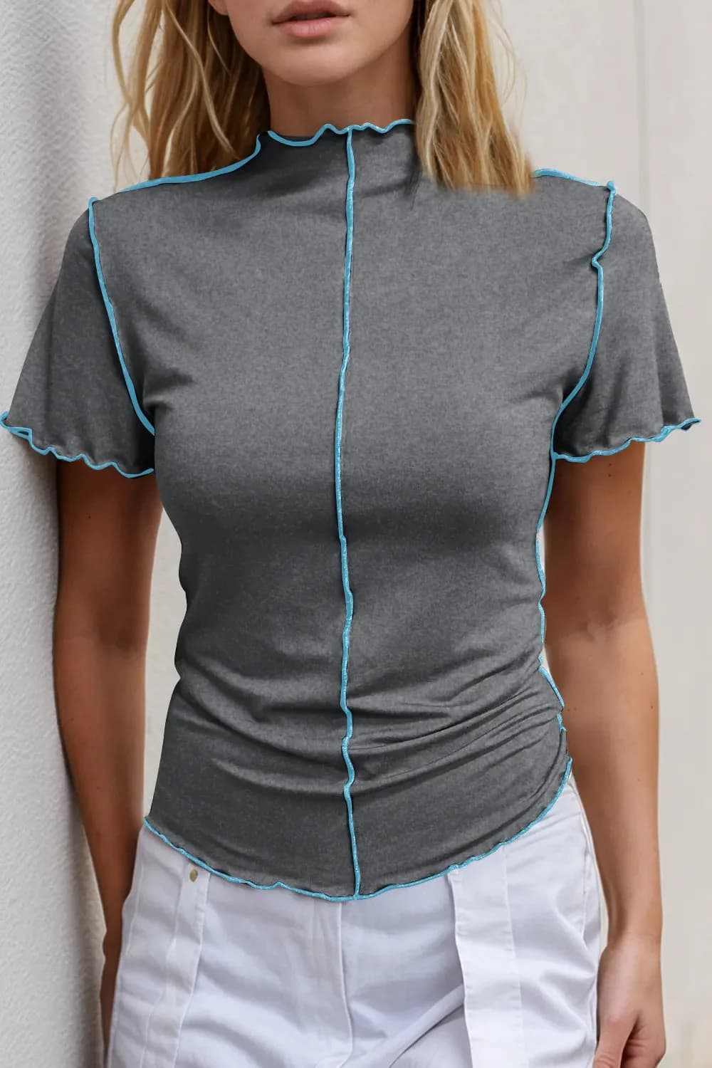 Basic Bae Contrast Trim Mock Neck Short Sleeve T-Shirt in Multiple Colors