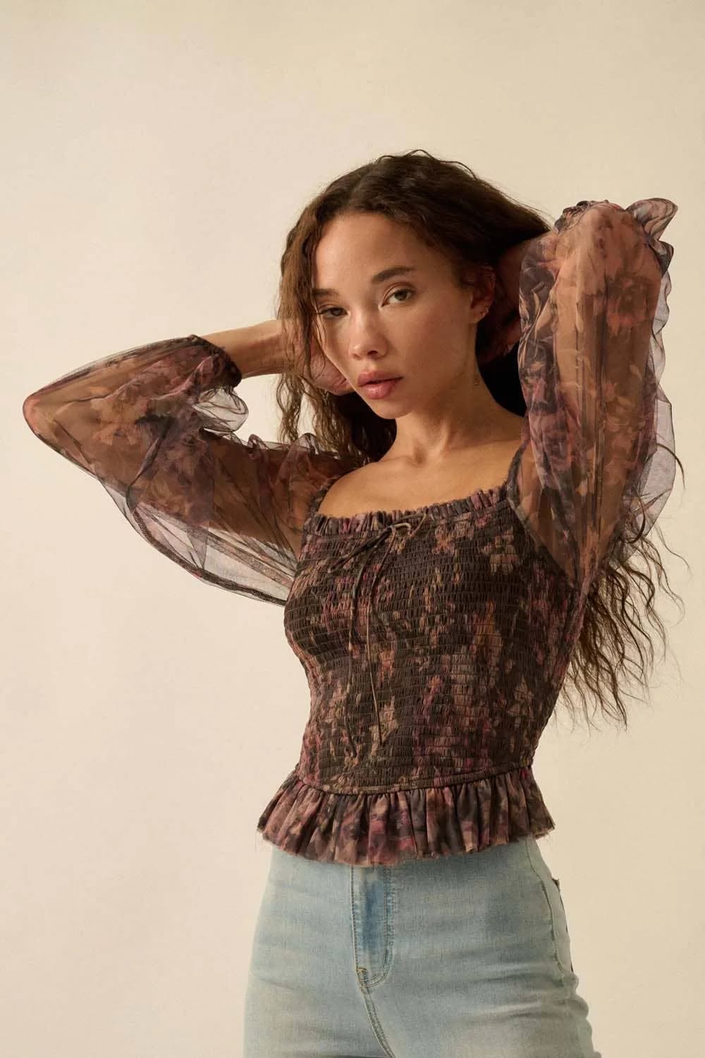 Layered Floral-Print Tulle Smocked Peasant Top by Promesa