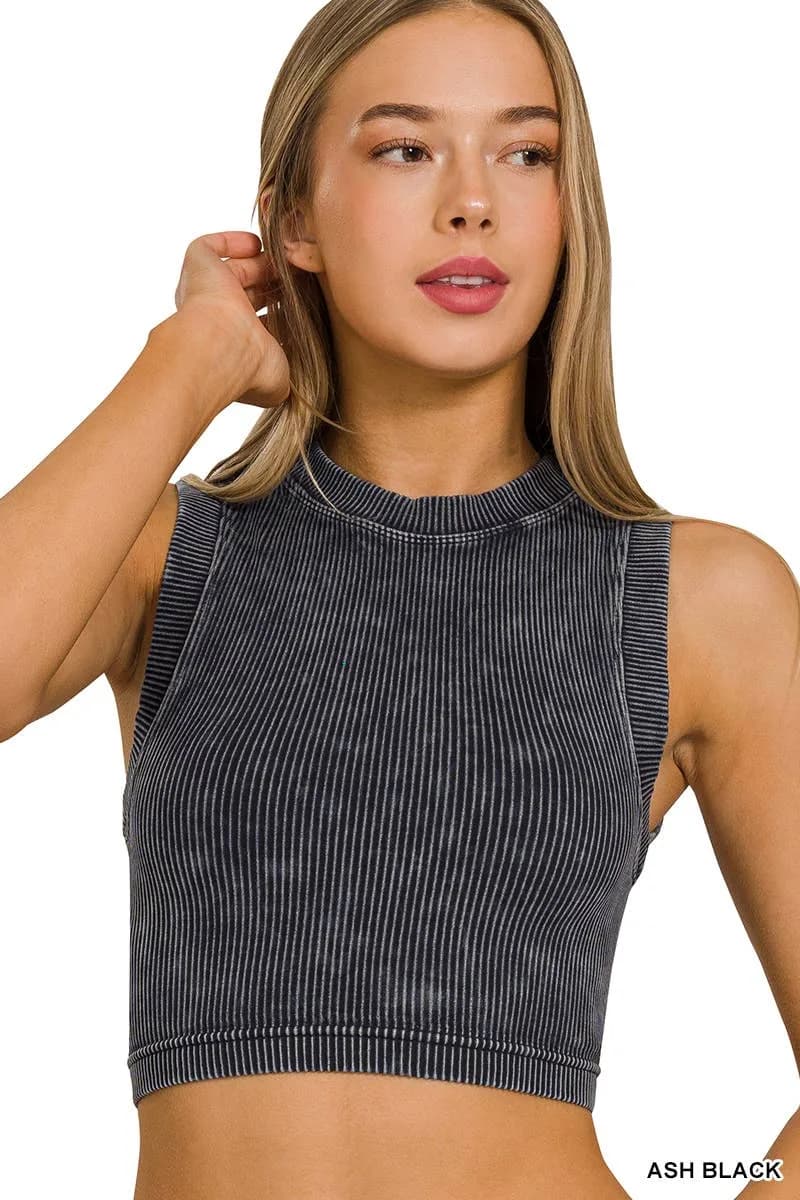 Stone Washed Ribbed Seamless Crop Tank Top Zenana