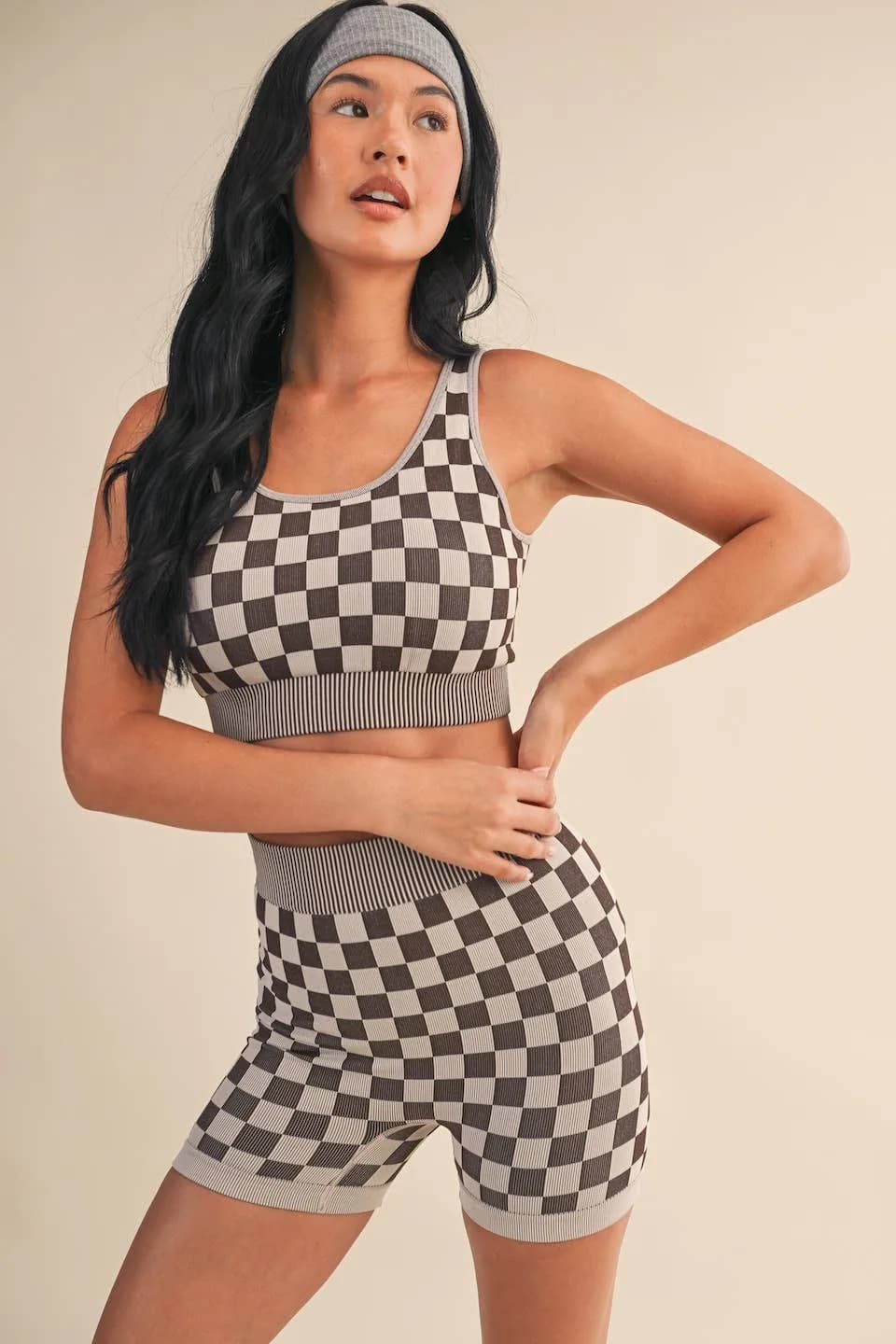 Brown Checkmate Checkered Crop Two Piece Set by Kimberly C