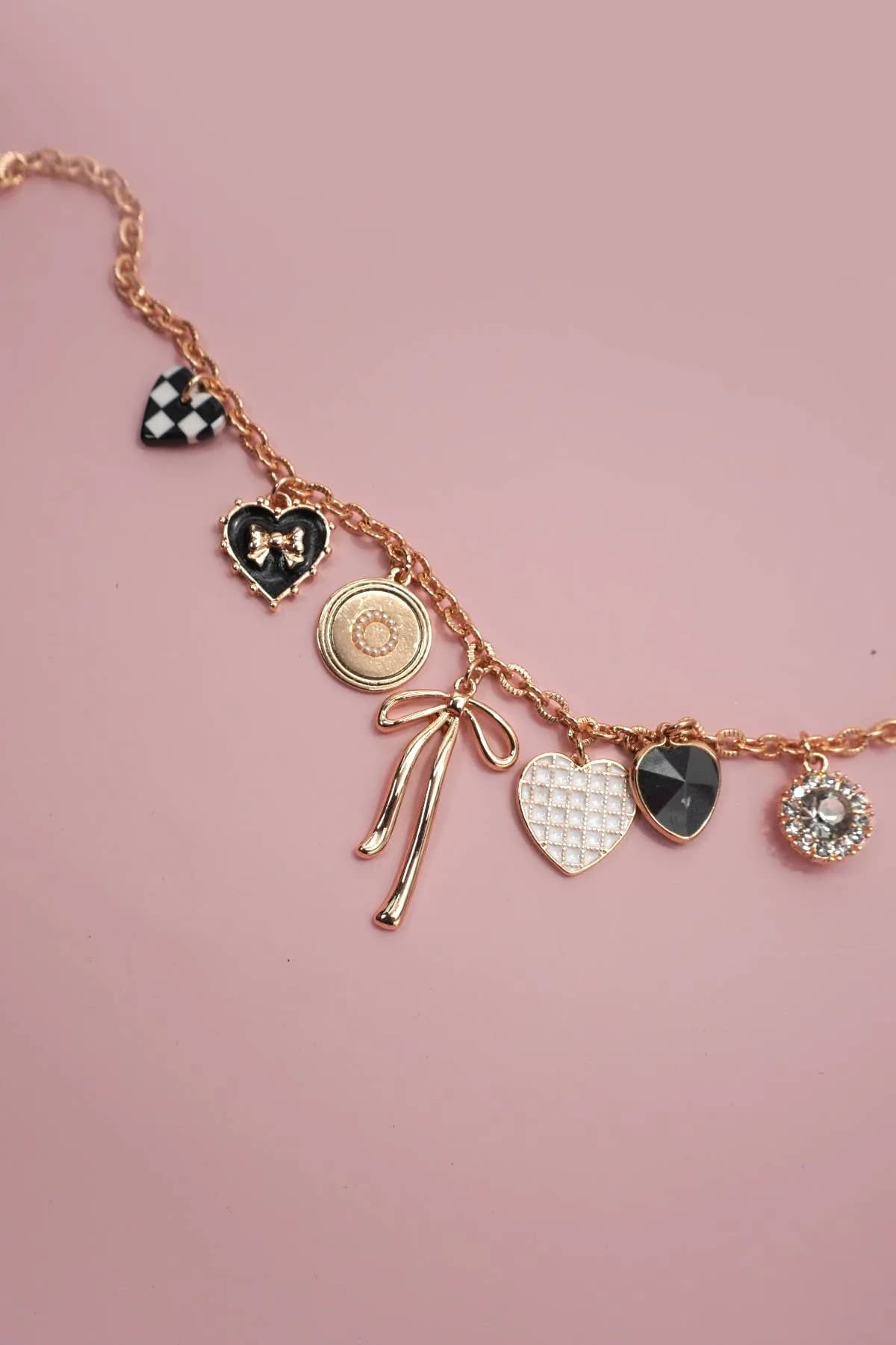 Charm Necklace Bow Checker Heart Rhinestone
