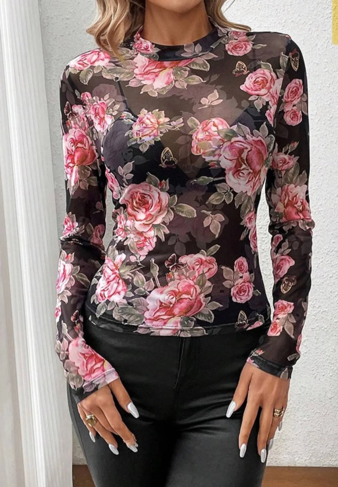 Rose Printed Mesh Top