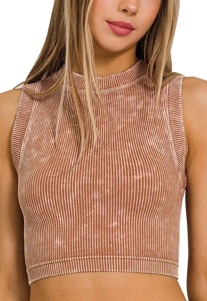 Stone Washed Ribbed Seamless Crop Tank Top Zenana
