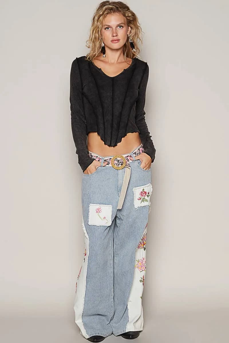 Notched Neck Detailed Long Sleeve Cropped Shirt (Black)