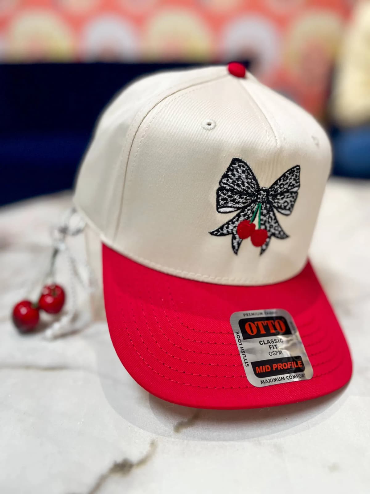 Leopard Bow with Cherries Embroidered Hat