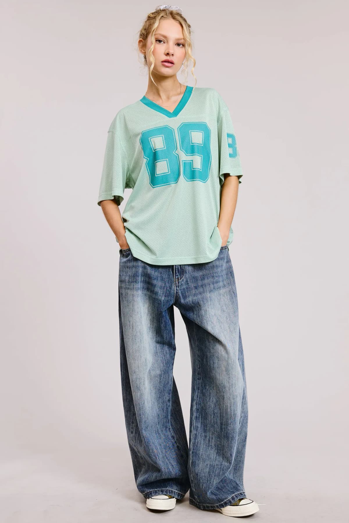 Mint V Neck Sporty Jersey Shirt Top With Printed 89