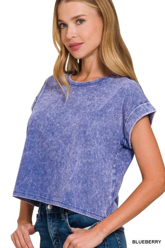 Acid Wash Cotton Folded Sleeve Top Zenana