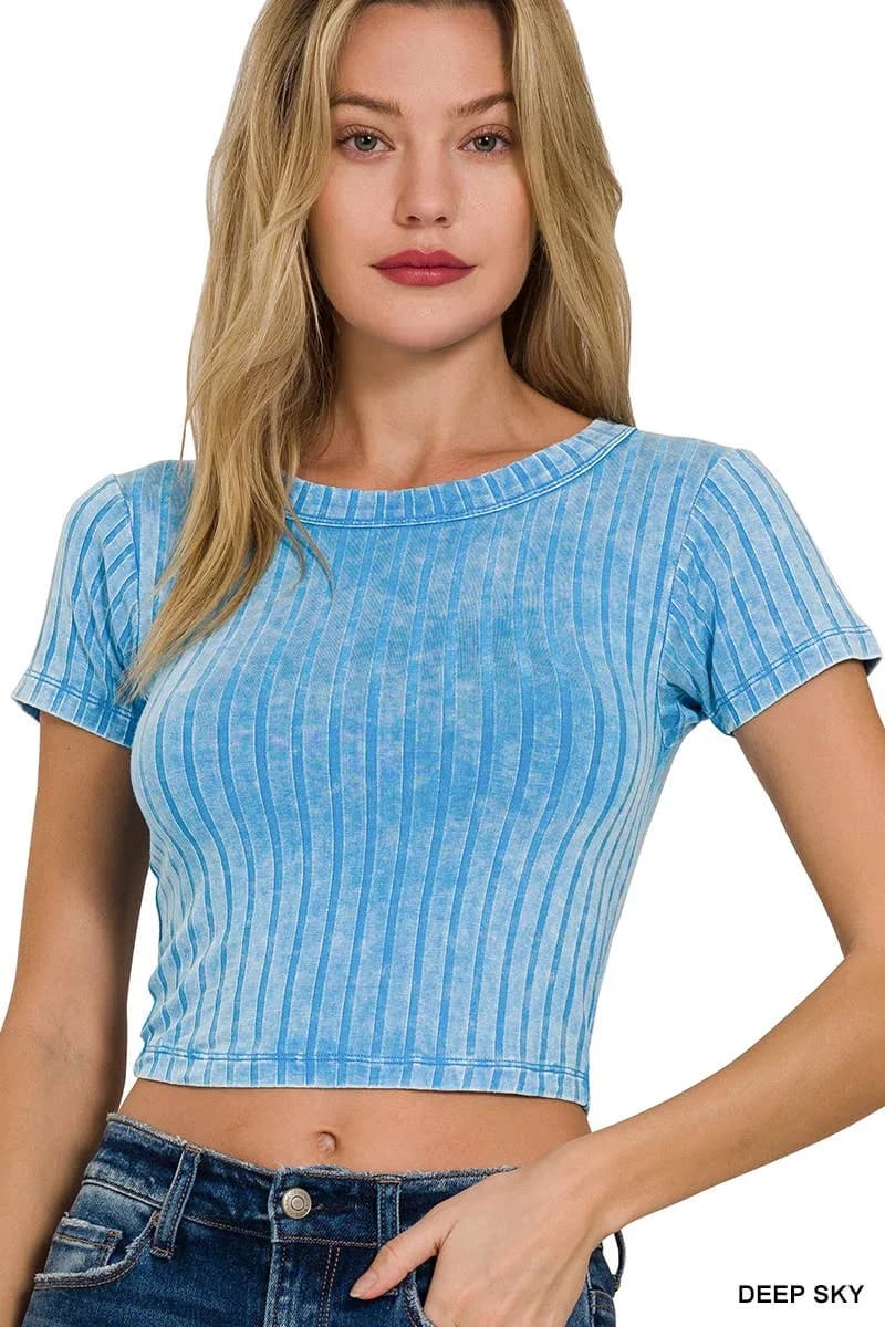 Ribbed Short Sleeve Crop Top Zenana (Fushia)
