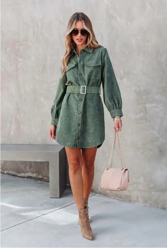 Button Down Corduroy Belted Dress Lilly Clothing