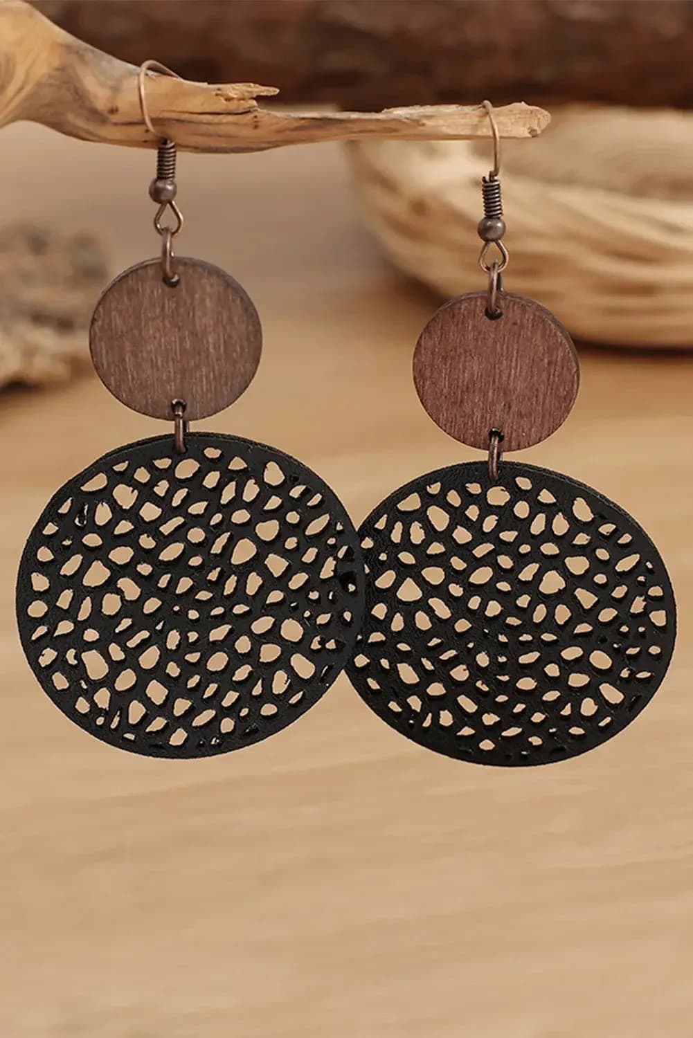 Hollow Out Wooden Round Drop Earrings (Black)