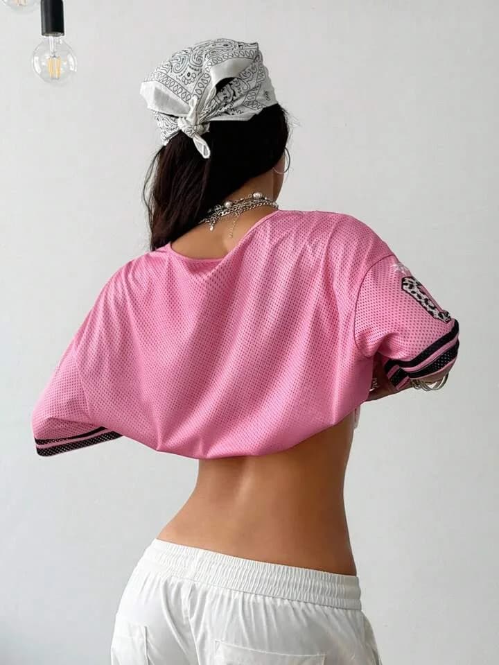 01 Leopard Pink Lace Mesh Trim Crop Top Jersey