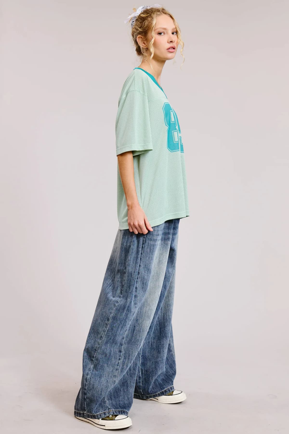 Mint V Neck Sporty Jersey Shirt Top With Printed 89