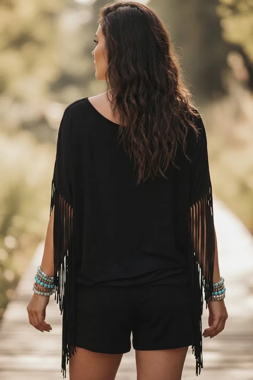 Shally Solid Soft Stretch Fringed Tunic Top