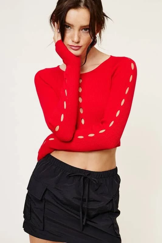Red Long Sleeve Knit Top With Asymmetrical Cut Out Top