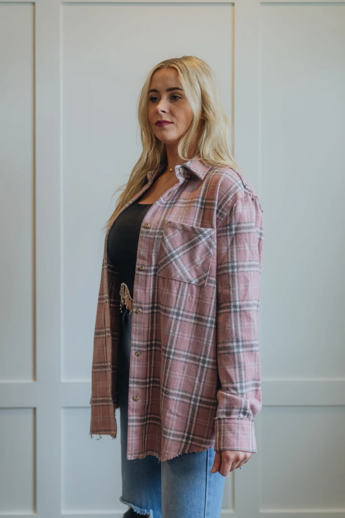 Button Down Fall Winter Plaid Shacket La Miel (Pink)